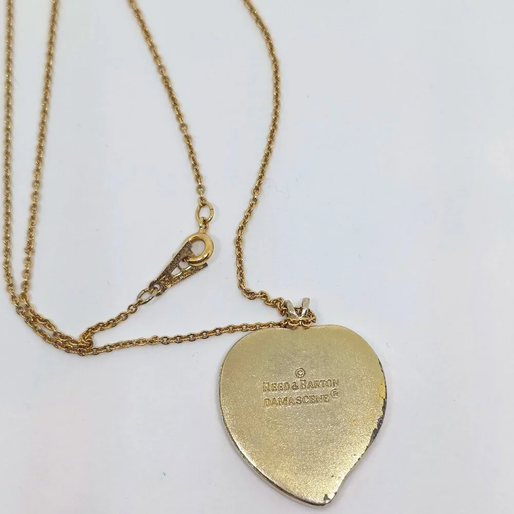 Vintage Reed & Barton Damascene Floral Heart Pendant with Amway GF 16' Chain
